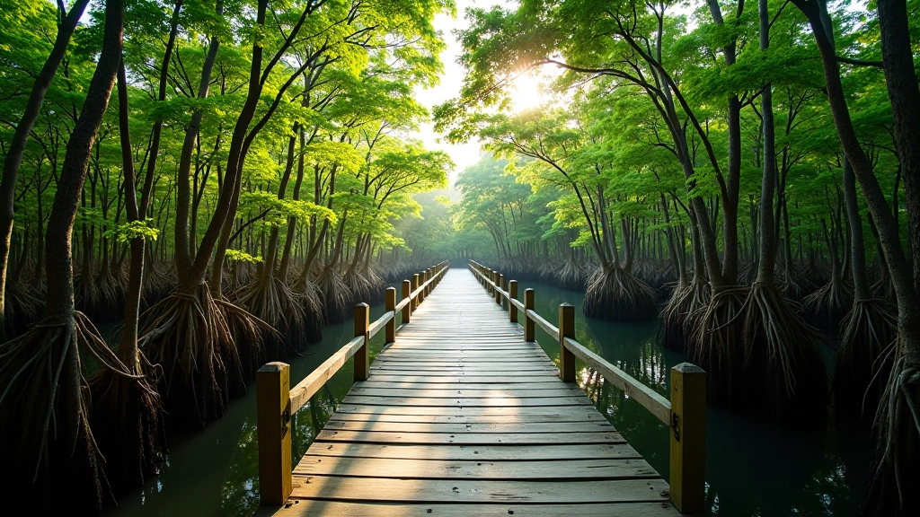 Sendero de madera elevado atravesando manglar denso con reflejo en agua, luz matutina clara