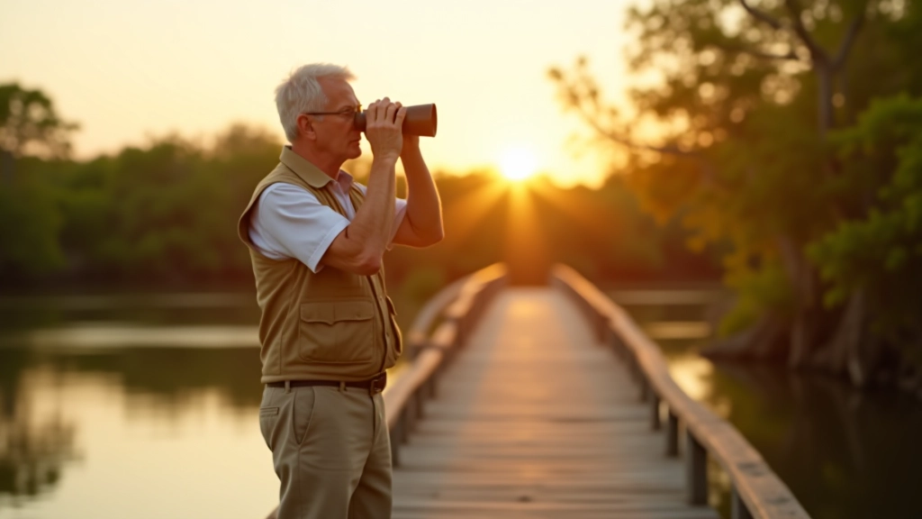 Observador de aves con binoculares en sendero natural junto a mangles y agua, luz natural del atardecer
