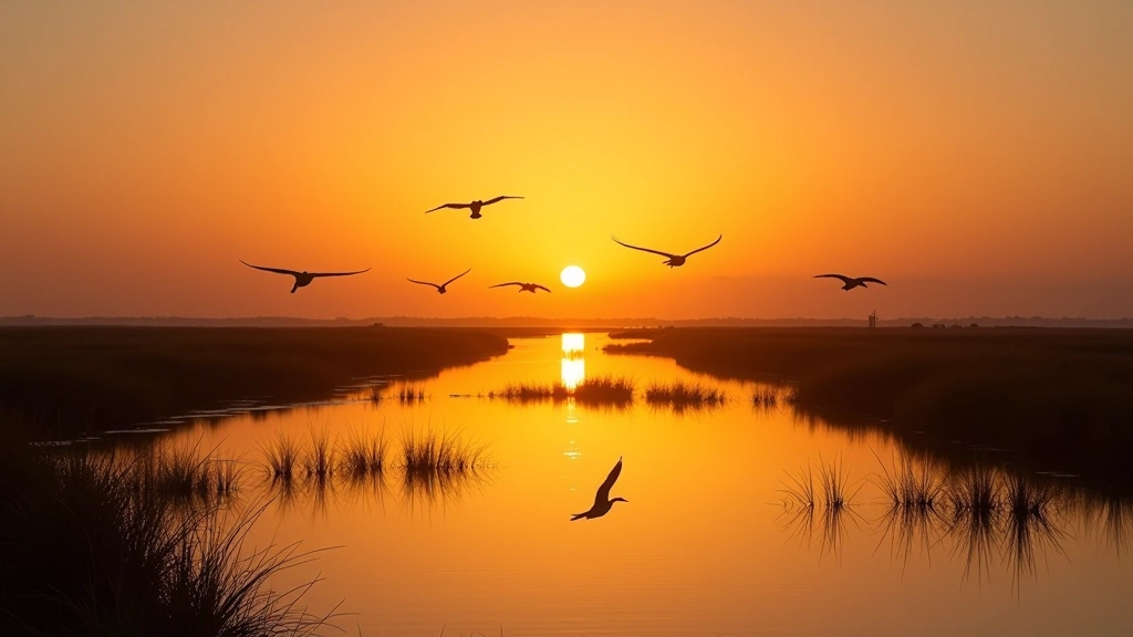 Vista panorámica del humedal costero con aves migratorias al atardecer